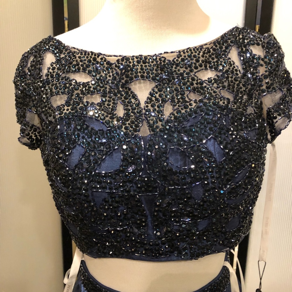 Sherri Hill New Prom dress two piece navy blue 0 - Picture 8 of 9
